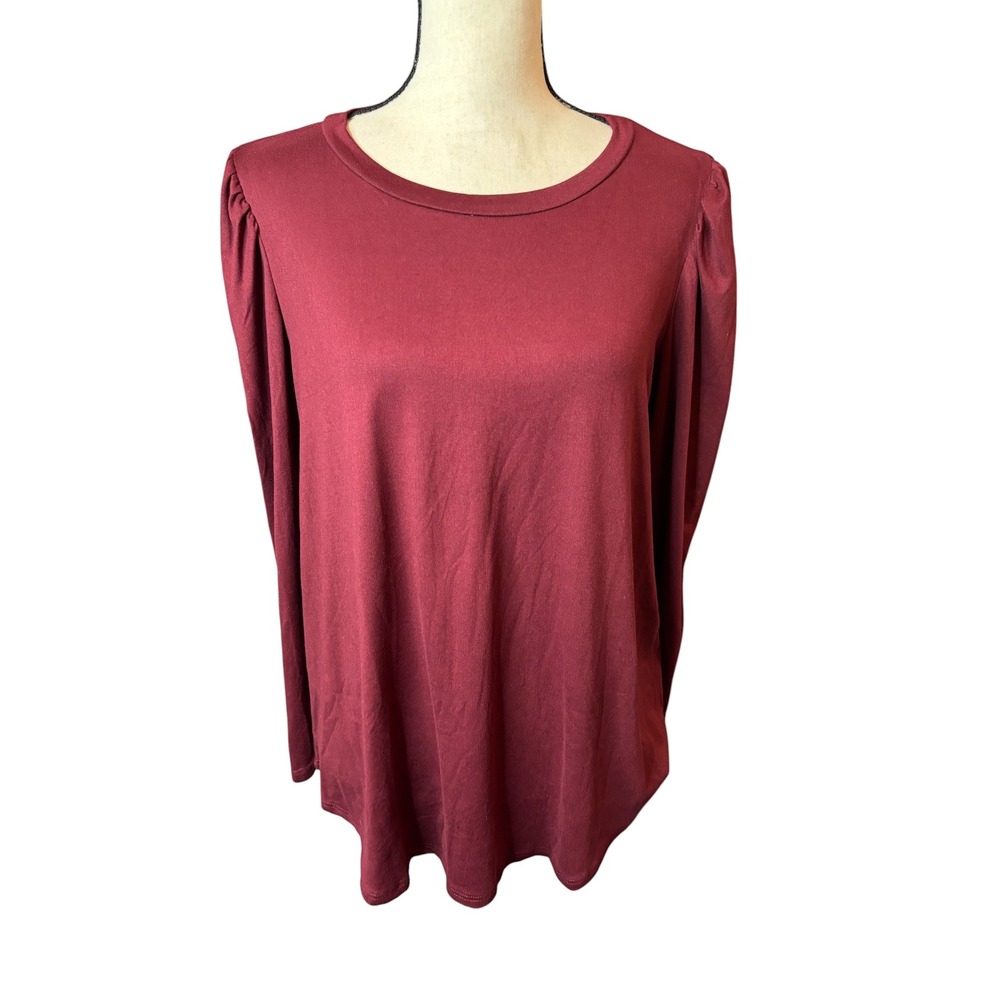 Jodifl Womens Burgundy Puff Sleeve Crew Neck Top Size Medium